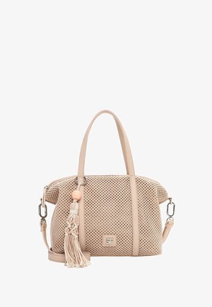 Sac à main tissé beige avec doubles poignées, bandoulière détachable, pompon décoratif avec perle en bois, et logo métallique SF à l'avant.