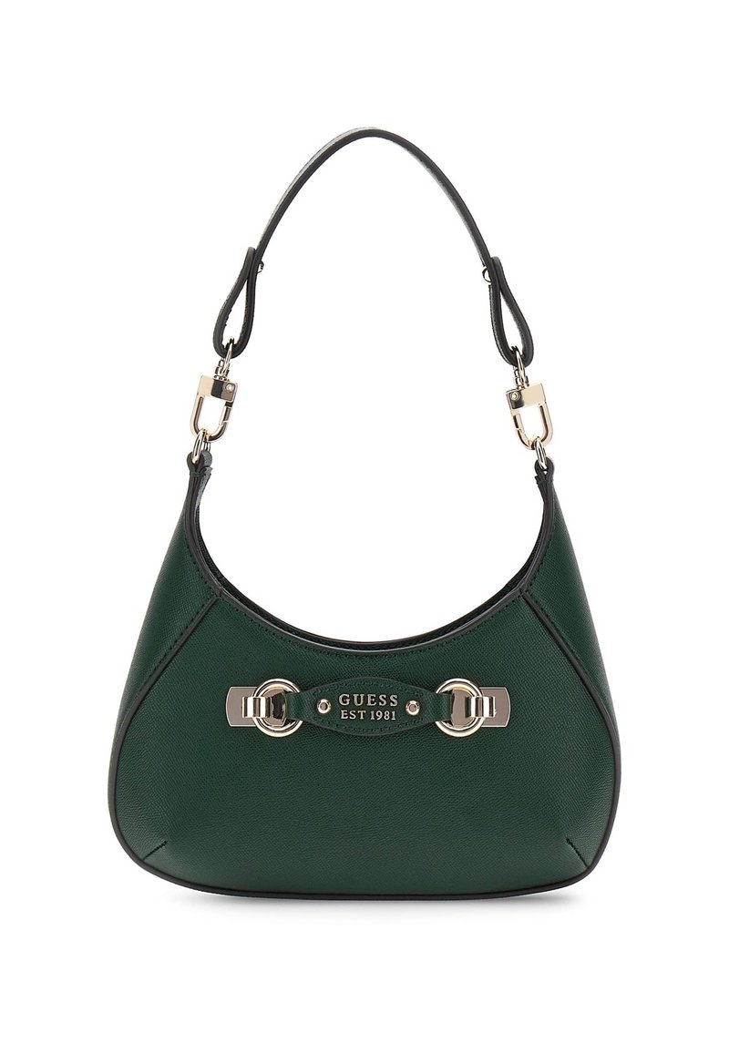 Sac à main vert texturé avec une forme courbée, doté de quincaillerie dorée et d'un accent de logo. Bandoulière réglable pour un transport polyvalent.