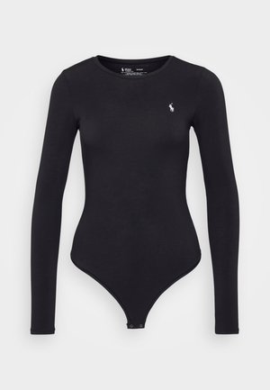 Black long-sleeve bodysuit made of stretchy fabric, featuring a round neckline and a small embroidered logo on the chest. Snap closure at the bottom.