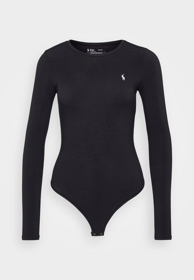 Black long-sleeve bodysuit made of stretchy fabric, featuring a round neckline and a small embroidered logo on the chest. Snap closure at the bottom.