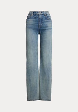 Jeans w kolorze niebieskim, wysoko w talii, proste nogawki, z przednimi kieszeniami, pętelkami na pasek i zapięciem na guzik, z delikatnymi przetarciami.