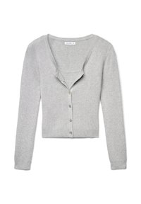 Graue Strickjacke mit langen Ärmeln, gerippter Textur, V-Ausschnitt und Knopfverschluss mit bunten Knöpfen entlang der Vorderseite.