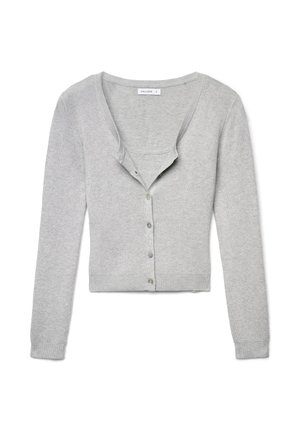 Graue Strickjacke mit langen Ärmeln, gerippter Textur, V-Ausschnitt und Knopfverschluss mit bunten Knöpfen entlang der Vorderseite.