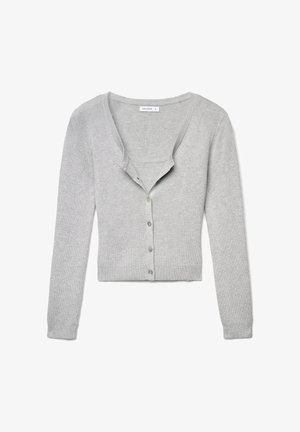 Graue Strickjacke mit langen Ärmeln, gerippter Textur, V-Ausschnitt und Knopfverschluss mit bunten Knöpfen entlang der Vorderseite.