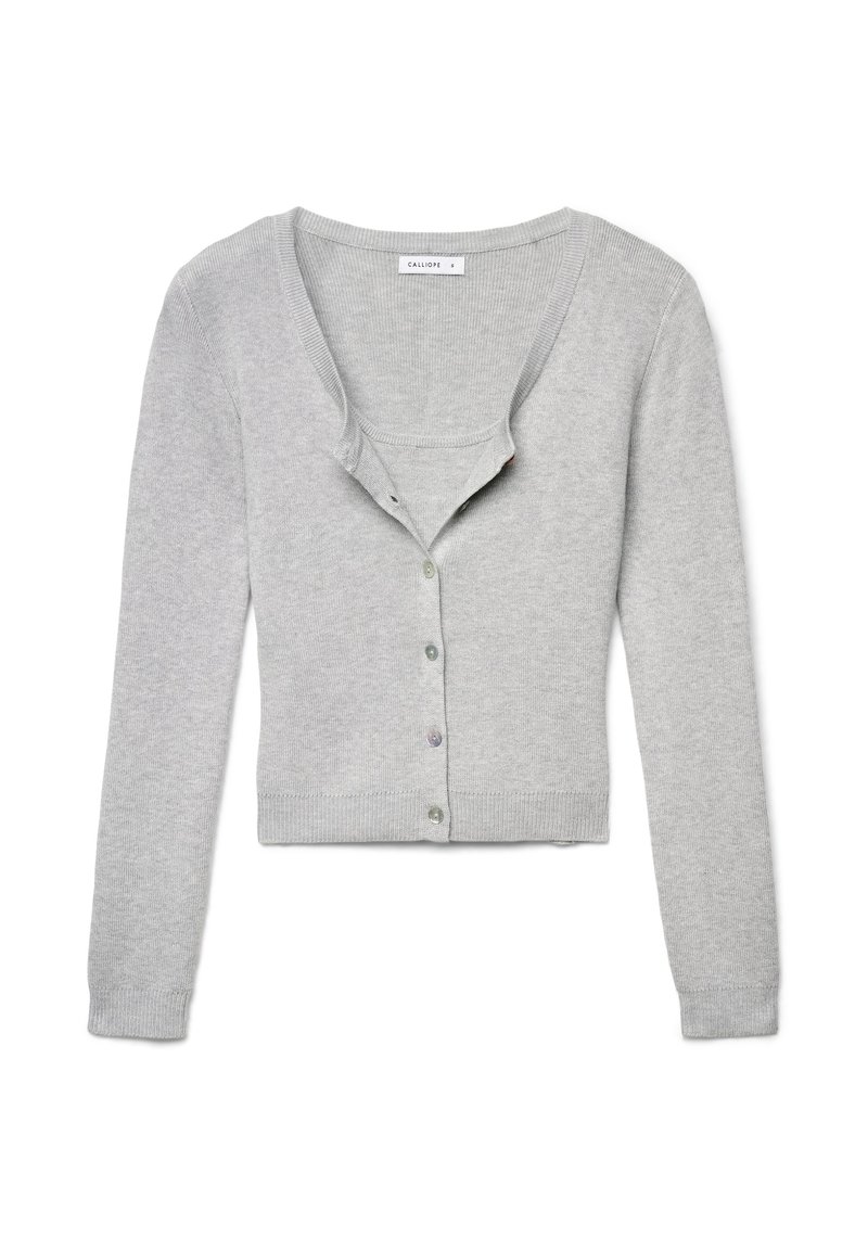 Graue Strickjacke mit langen Ärmeln, gerippter Textur, V-Ausschnitt und Knopfverschluss mit bunten Knöpfen entlang der Vorderseite.