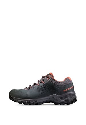 Black and gray hiking shoe with red accents. Features a textured surface, breathable mesh, and rugged outsole. Designed for outdoor performance.