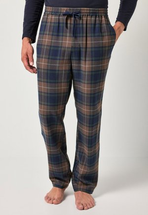 Katoenen geruite pyjamabroek in navy, bruin en groen, met een elastische tailleband met trekkoord en zijzakken.