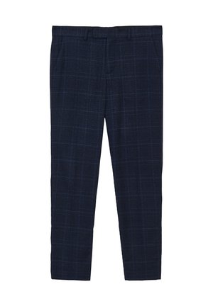 Marineblaue Karohosen mit maßgeschneiderter Passform, ausgestattet mit einem feinen Karomuster, glatter Textur und flachem Vorderdesign.