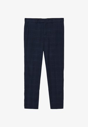 Pantaloni a quadri blu navy con vestibilità sartoriale, caratterizzati da un sottile motivo a scacchi, texture liscia e design a gamba piatta.