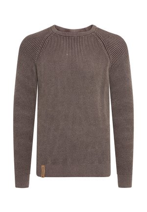 Barna kötött pulóver, texturált mintával, kerek nyakkal és bordás résszel. Az alján egy kis márkacímke található.