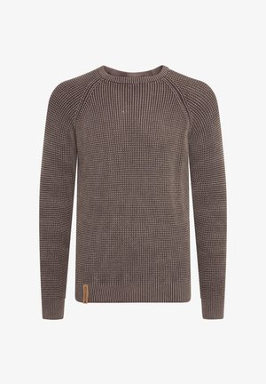 Barna kötött pulóver, texturált mintával, kerek nyakkal és bordás résszel. Az alján egy kis márkacímke található.