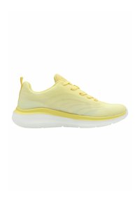 Yellow running shoe with a smooth mesh upper, textured patterns, yellow laces, and a white, cushioned sole. Back loop for easy wear.