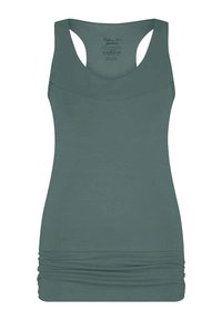 Grünes Tanktop mit Rundhalsausschnitt und Racerback-Design. Verfügt über geraffte Details am Saum. Hergestellt aus weichem, dehnbarem Stoff.