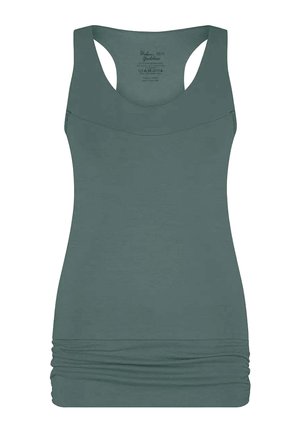 Débardeur vert avec un encolure en forme deU et un design dos nageur. Présente des détails froncés à l'ourlet. Fabriqué à partir d'un tissu doux et extensible.
