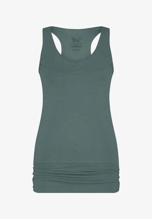Groene tanktop met een ronde hals en een racerback ontwerp. Heeft gathered details aan de onderrand. Gemaakt van zachte, elastische stof.