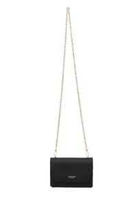 Borsa a tracolla nera in pelle con superficie texture, tracolla in catena dorata e chiusura a pattina. Presenta un logo stampato sul davanti.