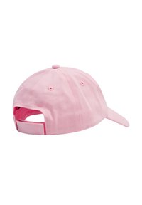 Rosa Baumwoll-Baseballmütze mit gebogenem Schirm, verstellbarem Riemen und Belüftungslöchern. Rückansicht, die den Riemen und die Stoffstruktur zeigt.