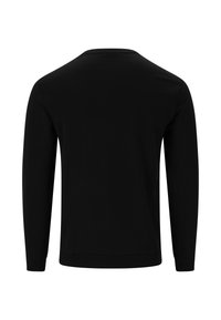 Svart långärmad topp med rund hals, tillverkad av mjukt tyg. Har en enkel design utan synliga mönster eller detaljer.