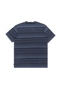 Short-sleeve navy blue t-shirt with geometric patterns. Features horizontal stripes in various shades and textures, round neckline.