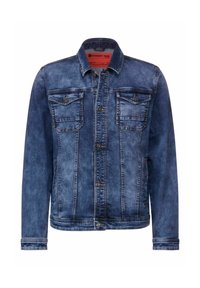 Blå denimjacka med klassisk design, två bröstfickor, knappstängning, tvättad textur och spetsig krage.