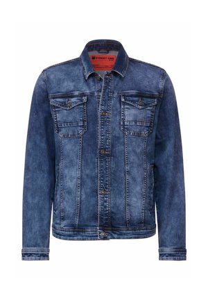 Giacca di jeans blu con design classico, due tasche sul petto, chiusura a bottone, texture lavata e colletto a punta.