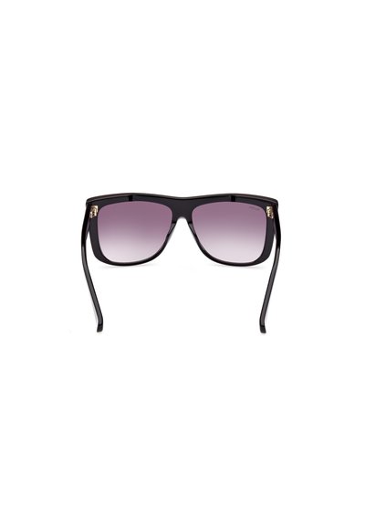 Gafas de sol negras con montura cuadrada y lentes degradados púrpuras. Material plástico suave, patillas delgadas con detalles dorados en las bisagras.