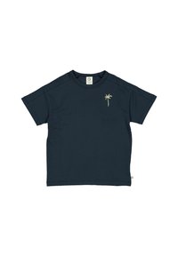 Tmavě modré bavlněné tričko s krátkými rukávy, na levé hrudi zdobeno malou zlatou výšivkou palmy a s visačkou na spodním okraji.