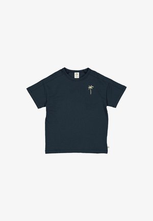 T-shirt in cotone blu navy con maniche corte, caratterizzato da un piccolo ricamo di una palma dorata sul lato sinistro del petto e un'etichetta in fondo.