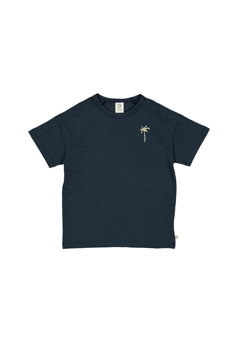 Tmavě modré bavlněné tričko s krátkými rukávy, na levé hrudi zdobeno malou zlatou výšivkou palmy a s visačkou na spodním okraji.