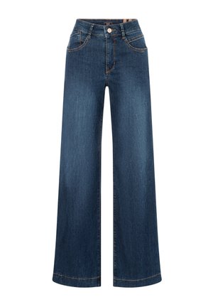 Vaqueros de pierna ancha de tiro alto en azul oscuro, con botones y cremallera frontal, bolsillos delanteros y traseros, y costuras en contraste.