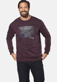 Maroon sweatshirt with long sleeves, graphic print featuring foliage and text, round neck, ribbed cuffs and hem. Dark jeans worn underneath.