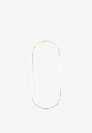 Gold-colored metal chain necklace, featuring a delicate, thin, round shape with a lobster clasp closure. Smooth texture, minimal design.