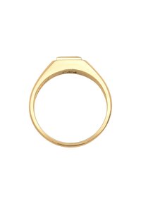 Gouden bandring met een glad, afgerond ontwerp en een rechthoekige bovenkant. Heeft een gepolijste afwerking en een minimalistische stijl.