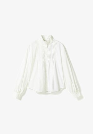 White long-sleeve blouse with high collar, vertical pleats on front, button-down closure, and gathered cuffs on sleeves.