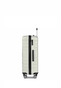 Carry-on suitcase with a textured light gray hard shell, black zipper, integrated TSA lock, retractable handle, and four wheels for mobility.