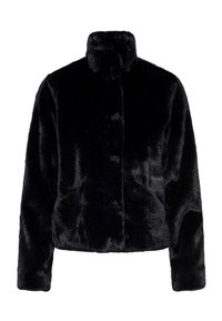 Schwarze Jacke aus Kunstpelz mit hohem Kragen, kurzem Schnitt, langen Ärmeln und weicher Textur. Verfügt über eine glatte, glänzende Oberfläche.