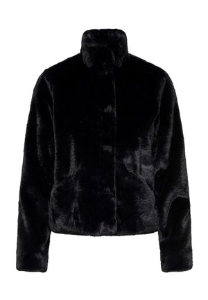 Giacca in pelliccia ecologica nera con collo alto, design corto, maniche lunghe e texture morbida. Presenta una finitura liscia e lucida.