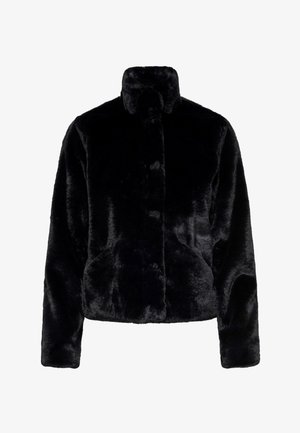 Giacca in pelliccia ecologica nera con collo alto, design corto, maniche lunghe e texture morbida. Presenta una finitura liscia e lucida.