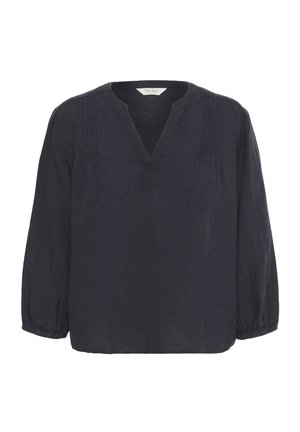 Blouse bleu marine foncé en lin. Dotée d'un col en V, de manches trois-quarts avec des poignets élastiques et de subtils détails de couture verticale.