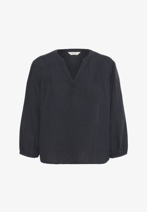 Dark navy blouse made of linen. Features a V-neck, three-quarter sleeves with elastic cuffs, and subtle vertical stitching details.