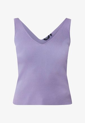 Lavender ribbed tank top featuring a deep V-neck, wide straps, and a fitted silhouette. Made of stretchable material for comfort.