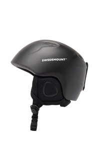 Zwarte skih helm met een gladde, matte afwerking. Voorzien van ventilatieopeningen en een gevoerde kinband. Logo aan de zijkant weergegeven.