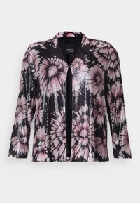 Svart blommig cardigan med rosa och silverfärgade paljetter, öppen framdesign och trekvartslånga ärmar med en strukturerad finish.