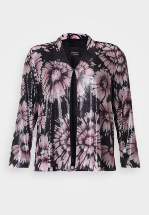 Svart blomster cardigan med rosa og sølv paljett detaljer, åpen frontdesign, og trekvartlange ermer med teksturfinish.