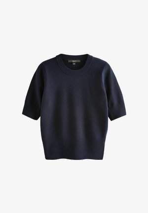 Navy blue short-sleeve sweater with a round neckline, ribbed cuffs, and hem. Made from soft knit fabric with a smooth texture.