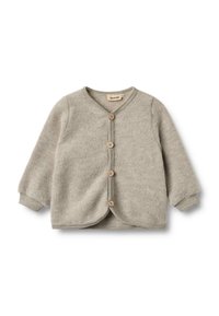Cardigan grigio in lana con scollo a V, maniche lunghe e cinque bottoni in legno. Presenta un orlo arrotondato e un tessuto strutturato per il calore.