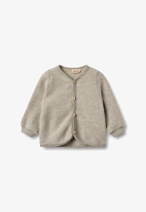 Gray wool cardigan with a v-neck, long sleeves, and five wooden buttons. Features a rounded hem and textured fabric for warmth.