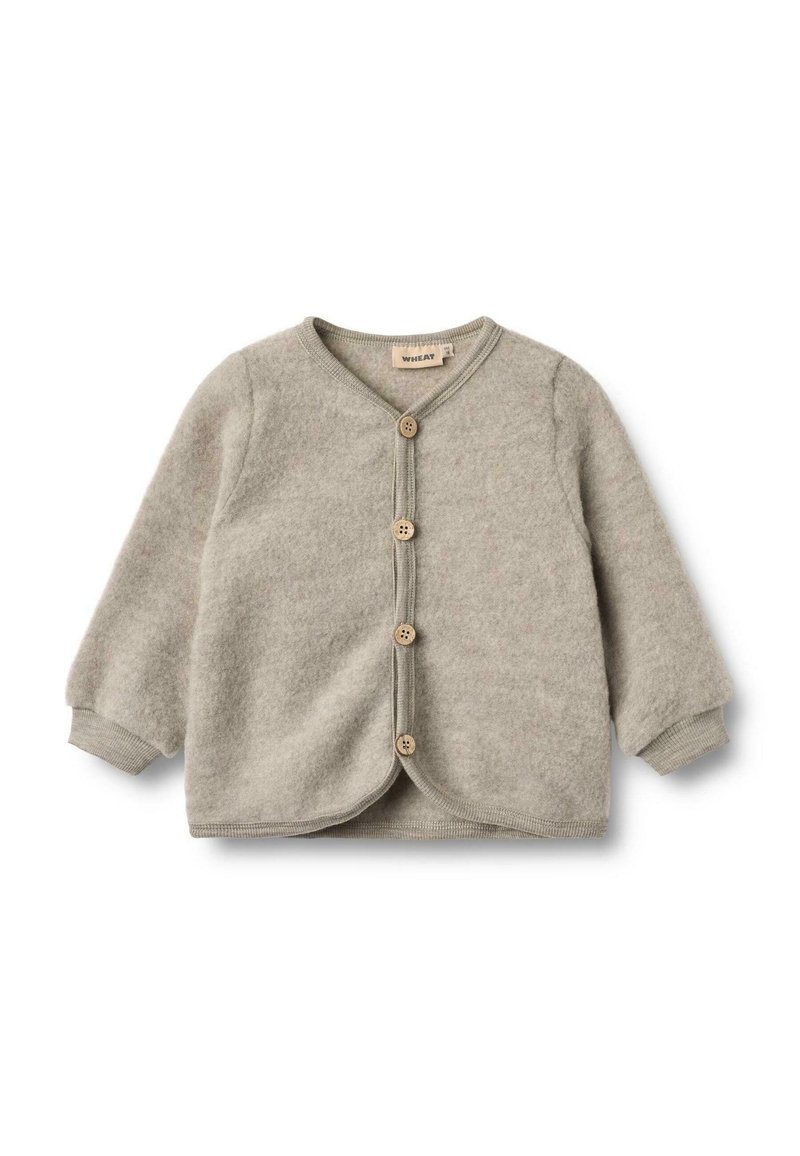 Cardigan grigio in lana con scollo a V, maniche lunghe e cinque bottoni in legno. Presenta un orlo arrotondato e un tessuto strutturato per il calore.