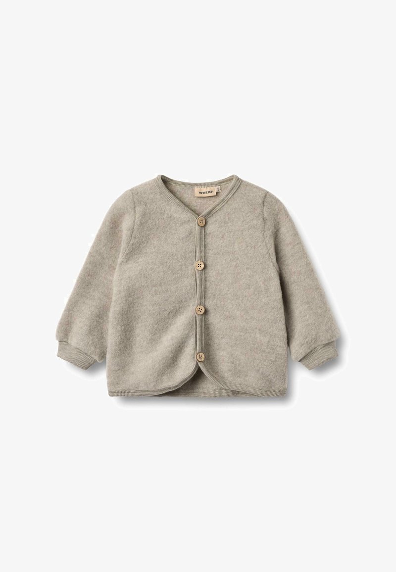 Cardigan grigio in lana con scollo a V, maniche lunghe e cinque bottoni in legno. Presenta un orlo arrotondato e un tessuto strutturato per il calore.