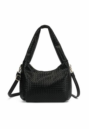 Fekete szőtt bőr kézitáska hobo formában, textúrált felülettel, párnázott fogantyúval és levehető vállpánttal.